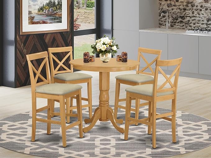 East West Furniture JAPB5-OAK-C 5 Piece Counter Height Pub Set Includes a Round Dining Table with Pedestal and 4 Linen Fabric Kitchen Dining Chairs, 36x36 Inch, Oak