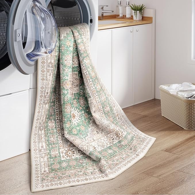 zesthome 5x7 Area Rugs - Ultra-Thin Washble Rug, Stain Resistant Anti Slip Backing Rugs for Living Room,Bedroom, Vintage Home Decor Area Rug (Green/Brown,5'x7')