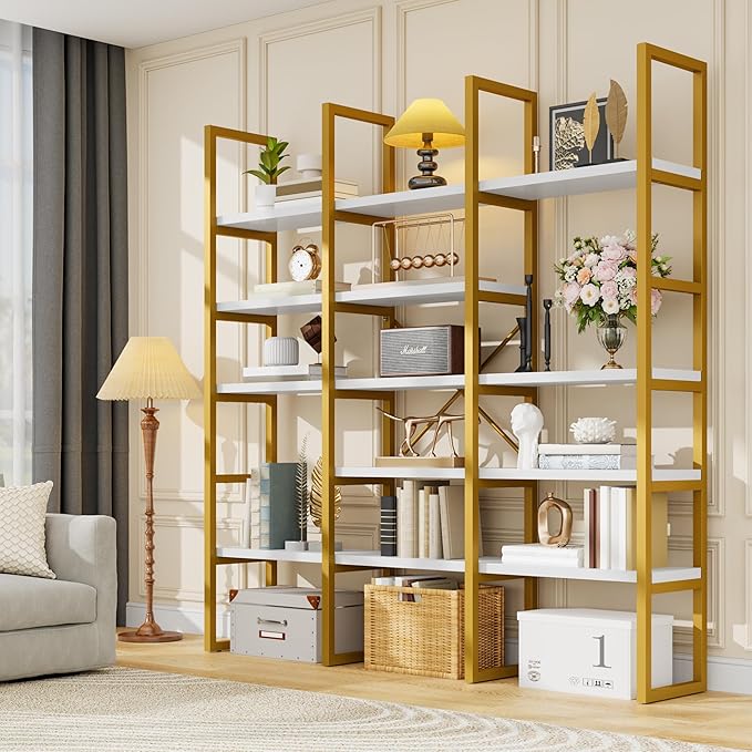 Semoic Large Bookshelf 5 Tiers, Triple Wide Geometric Bookcase, 71 Inches Tall Industrial Book Shelves Etagere Book Case, Sturdy Metal Frame, Freestanding Display Shelving Unit (Gold and White)