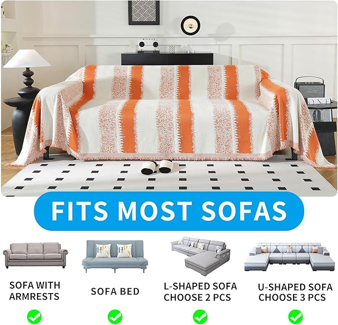 LUFEIJIASHI Boho Couch Covers for Sofa Non Slip Sofa Covers Washable Couch Covers for 3 Cushion Couch Sofa Pet Friendly Sectional Couch Cover Blanket Furniture Protector for Dogs (Orange, 91"x118")