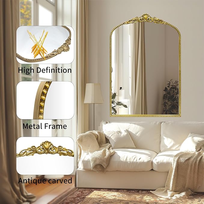 G-LEAF Vintage Baroque Mirror 24"X36", Arched Mantel Victorian Antique Farmhouse Mirror with Black Brush Gold Ornate Metal Frame for Fireplace Entryway Living Room Hallway Bathroom