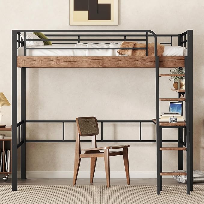 Metal Full Size Loft Bed with Built-in Desk,Storage Shelf and Ladder,Full-Length Guardrails and Secured Metal Slats, High LoftBed W/Large Storage Space for Kids Teens Adults Bedroom,Black