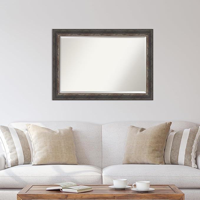 Amanti Art Brown Wall Mirror 29x41 Bark Rustic Char Rectangle Bathroom Mirror for Wall Decor Living Room, Large Rustic Farmhouse Frame, Hangs Horizonally and Vertically, Bathroom Decor, Beveled Edge