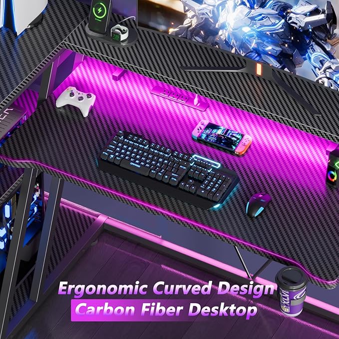 55 Inch Gaming Desk with Power Outlet & LED Lights, L Shaped Gamer Computer Table with Storage Shelves for Bedroom, Corner Home Office Desk, Carbon Fiber Black