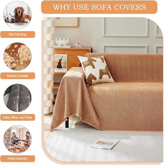 STACYPIK Soft Chenille Orange Sofa Covers, Herringbone Jacquard Pet Protector for 3 Cushion Couch, Loveseat Couch Cover for Sectional, Pumpkin Non-Slip Sofa Slipcover, Multi-Use Throw Blanket-71X134IN