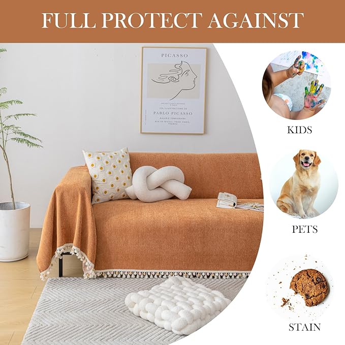 HANDONTIME Dark Orange Sofa Covers Couch Cover for Dogs Colorful Tassel Sofa Seat Cover Lovetseat Covers Pet Couch Cover Bohemian Sofa Cover for Couch Vintage Boho Couch Covers Futon Cover, 71" X134"