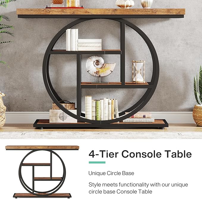 Tribesigns 41.3" Console Table, Industrial 4-Tier Sofa Table Entryway Table with Circle Base, Narrow Wood Accent Tables with Storage Shelves for Living Room, Hallway, Foyer, Rustic Brown