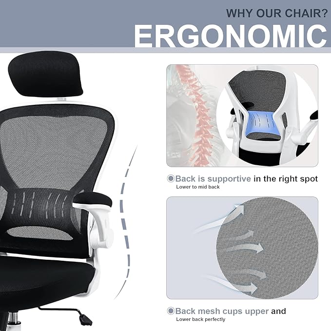 Office Chair Ergonomic Desk Chair Comfort Adjustable Height with Wheels，Lumbar Support Mesh Swivel Computer Home Office Study Task Chair Black & White