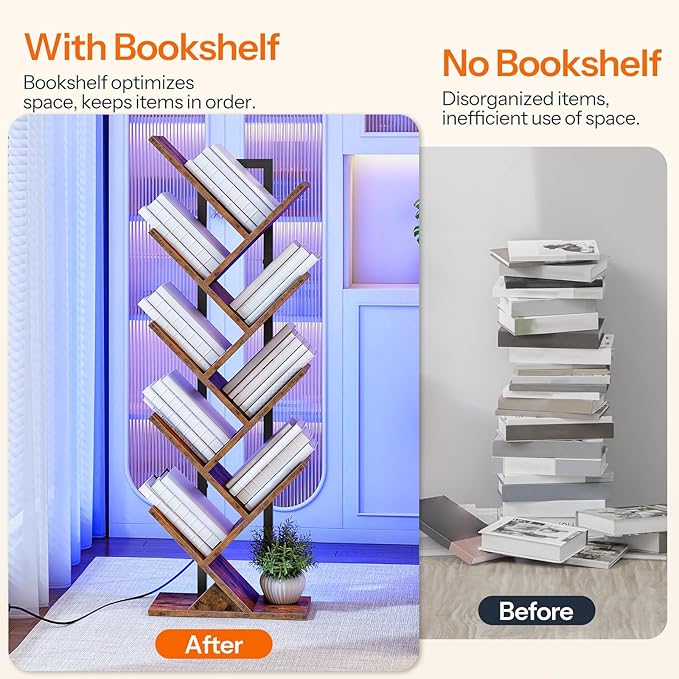 HOOBRO Tree Bookshelf, 9-Tier Tree Bookshelf with Lights, Space-Saving Book Shelf, Holds Books, CDs, Floor Standing Bookcase for Office, Living Room, Bedroom, Rustic Brown and Black BF08DSJ01