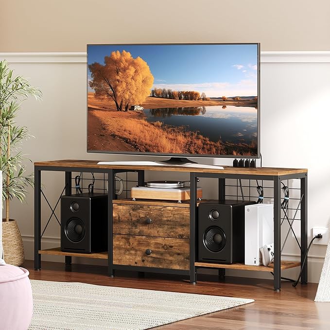 TV Stand with Power Outlet Up to 60 Inch, Entertainment Center with 2 Fabric Drawers, TV Console Table with Open Storage Shelves for TVs, Cable Management, for Living Room, Bedroom, DS14UBRY1