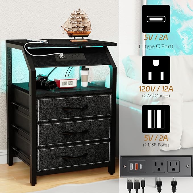 End Tables Set of 2, Nightstands with Charging Station and LED Lights, 3 Drawers Fabric Dressers, Storage Side Tables for Bedside, Living Room, Modern Black