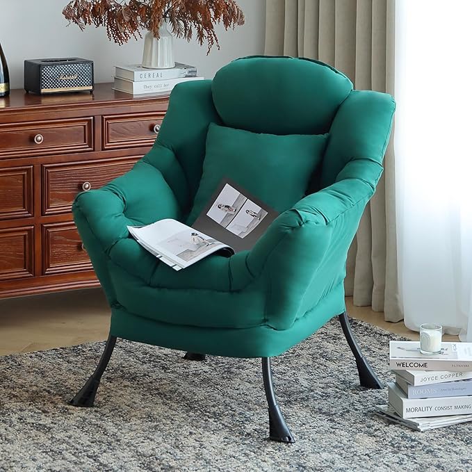 Lazy Chair with Pillow for Living Room, Modern Lounge Accent Chair with Armrests and a Throw Pillow, Leisure Sofa Chair Set, Reading Chair for Bedroom, Dorm Room, Office, Dark Green