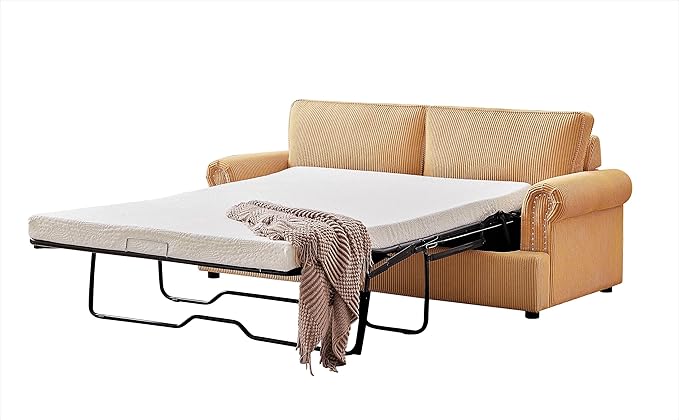 Reversible Sleeper Sofa Bed with Comfortable Memory Foam Mattress, Convertible Corduroy Full Size Pull Out Couch for Living Room, Space Saving Furniture, 72" Wide, Rounded Arms, Ginger