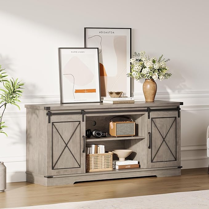CABIHOME Farmhouse TV Stand and Entertainment Center for TV Up to 65 Inches with Sliding Barn Doors and Adjustable Shelf, TV Media Storage Console Table and Furniture for Living Room, Bedroom, Grey
