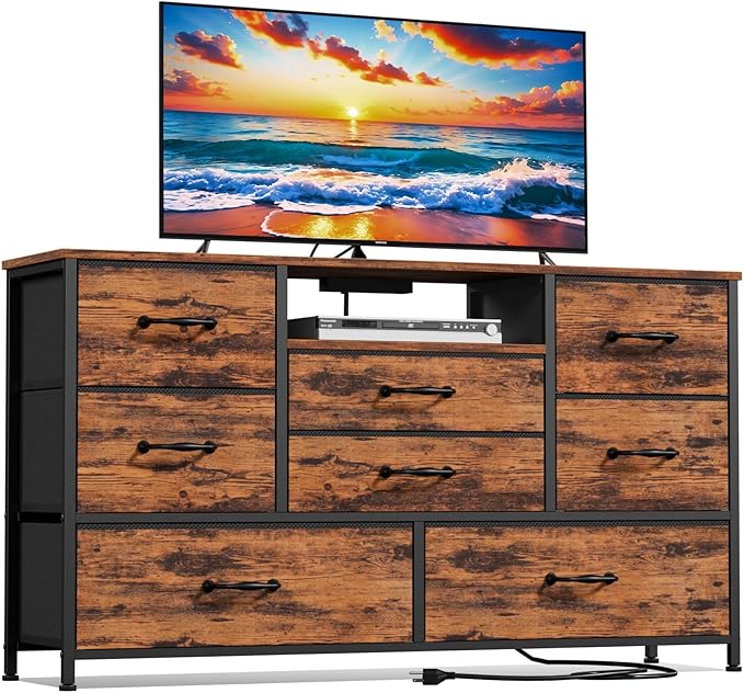 Furnulem Bedroom Dresser TV Stand with 8 Drawers, Long Chest of Drawers with Power Outlets Wood Desk Top - for Closet, Living Room Wide Storage Fabric Bins, Industrial Furniture (Rustic Brown)