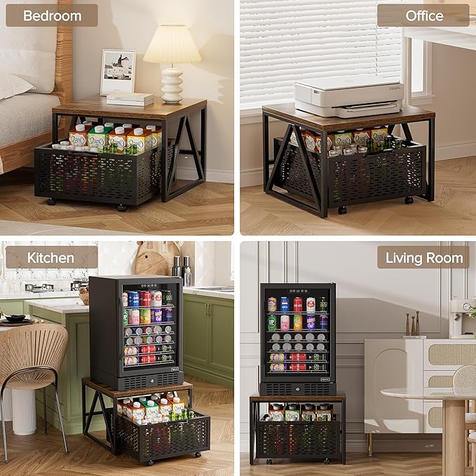 Urban Deco Mini Fridge Stand with Storage, Heavy Duty Fridge Cart with Drawer Basket, Mini Refrigerator Table for 220 LBS, Mobile Fridge Stand with Swivel Wheels for Dorm,Office,Home, Retro Brown