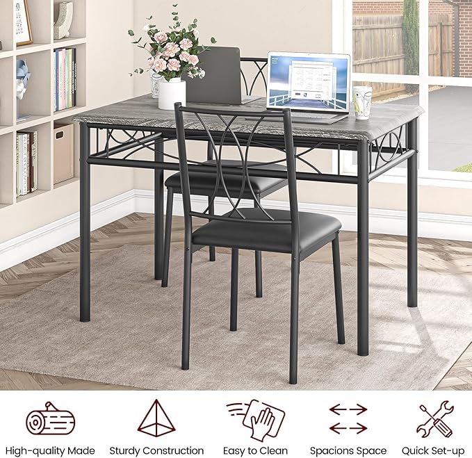 GAOMON Dining Table Set for 4, Rectangle Kitchen Table with 4 Upholstered Chairs Set for 4, 5-Piece Compact Apartment Kitchen & Dining Room Set Furniture for Small Spaces, Space-Saving, Rustic Gray