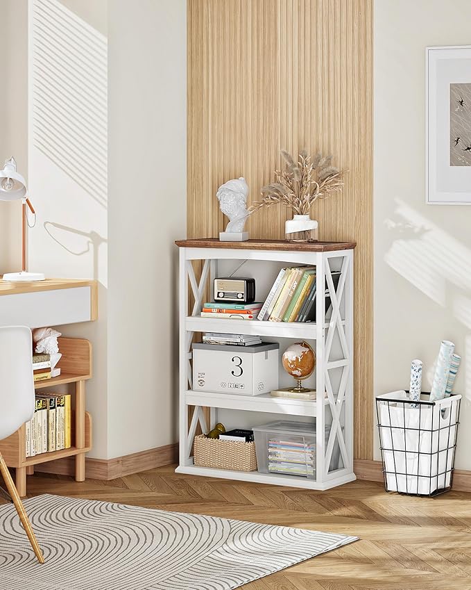 4-Tier Bookcase, 42.9" Floor Standing Organizer Shelf, Corner Book Stand, Metal Frame, for Study, Bedroom, Living Room, White and Walnut TSJ01WL
