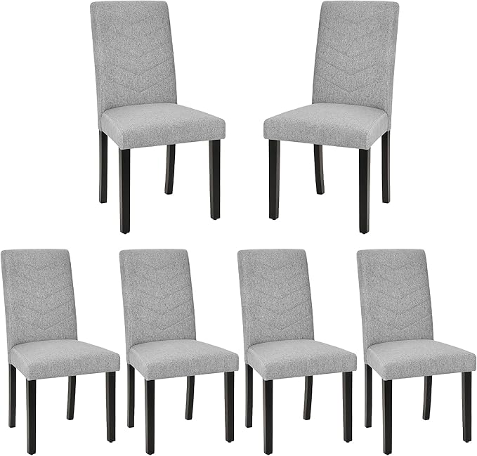 VECELO Upholstered Dining Chairs Set of 6, Fabric Wood Legs High Back for Kitchen Living Room, Light Gray