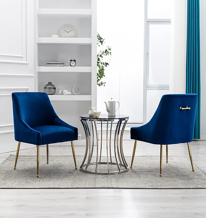 Velvet Dining Chairs Set of 2, Furniture Collection Modern Contemporary Upholstered with Polished Gold Metal Legs(Blue)
