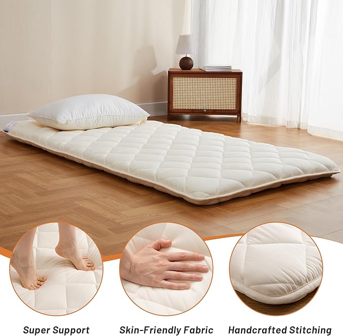 Japanese Floor Futon Mattress, Tatami Mat Sleeping Pad, Shikibuton, Mattress Topper, Boys Girls Roll Up Dormitory Mattress, Foldable & Portable Floor Lounger Bed, Guest Bed (Cream, Full)
