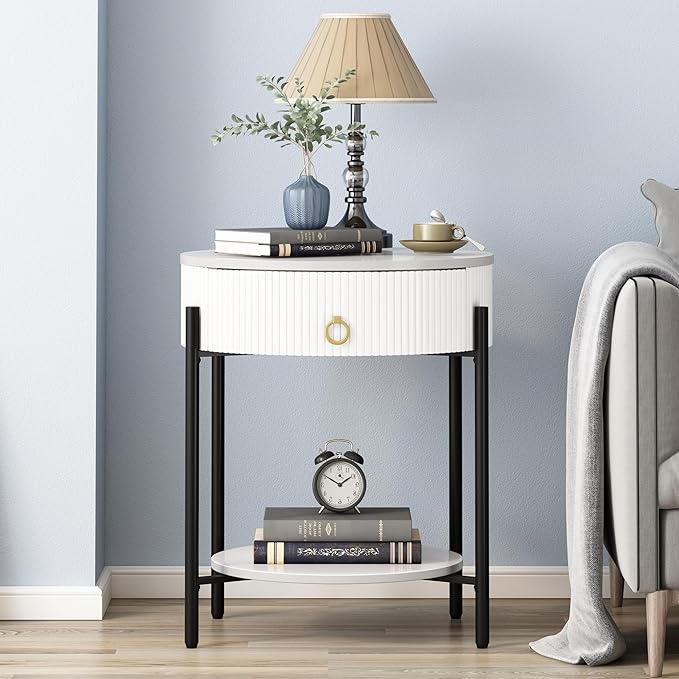 OIOG Round End Table with Drawer, Modern 2 Tier NightStand with Shelf, Small Side Table with Sintered Stone Tabletop for Living Room, Bedroom, Dorm, and Office, Marbling Natural Stone/White