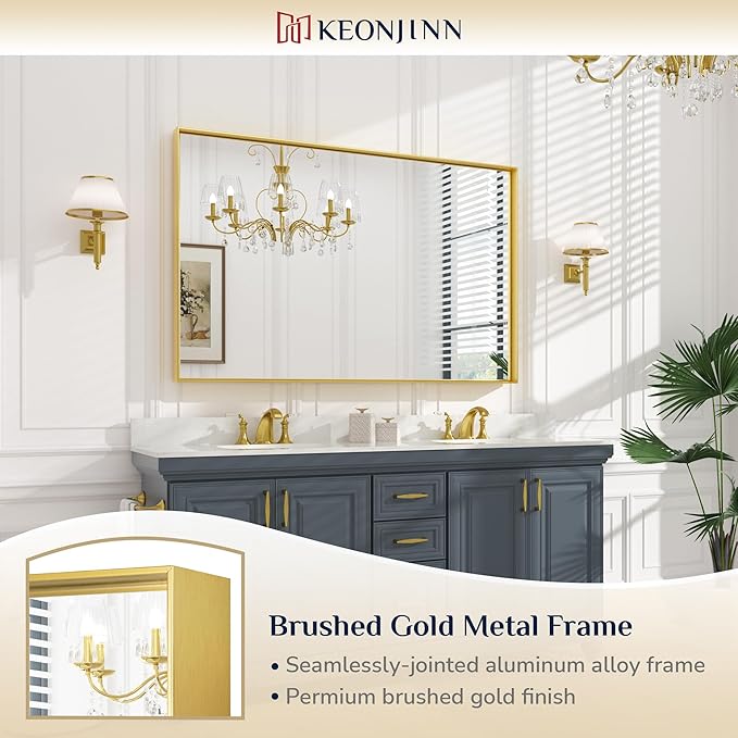 Keonjinn Brushed Gold Bathroom Mirror 55 x 36 Inch, Large Gold Vanity Mirror for Wall, Metal Frame,Rectangle Square Corner, Oversized, Modern Farmhouse(Horizontal/Vertical)