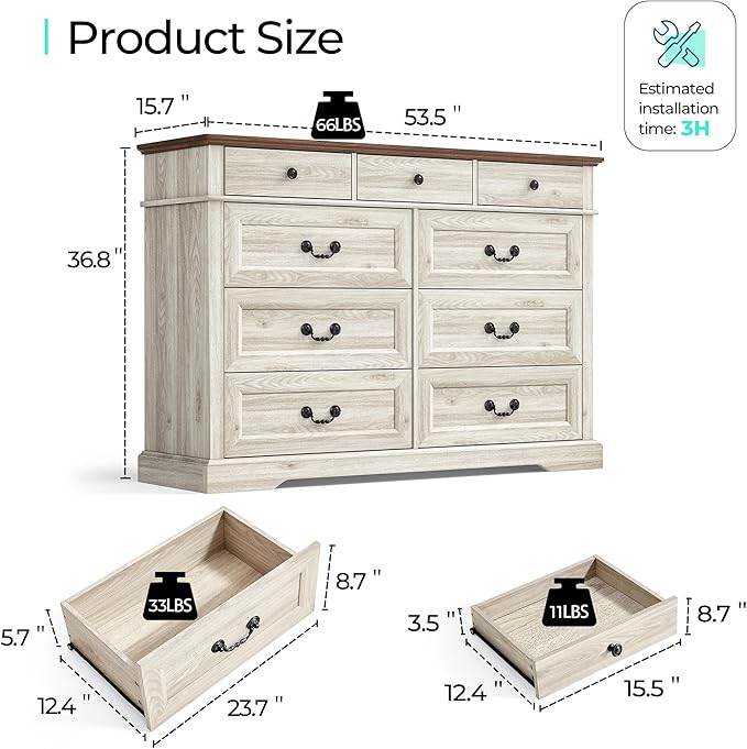 LINSY HOME 9 Drawers Dresser for Bedroom, 54" Wide Wooden Storage Chest with Antique Handles, Modern Farmhouse Large Dresser TV Stand, Chest of Drawers for Closet, Living Room, Hallway, Beige