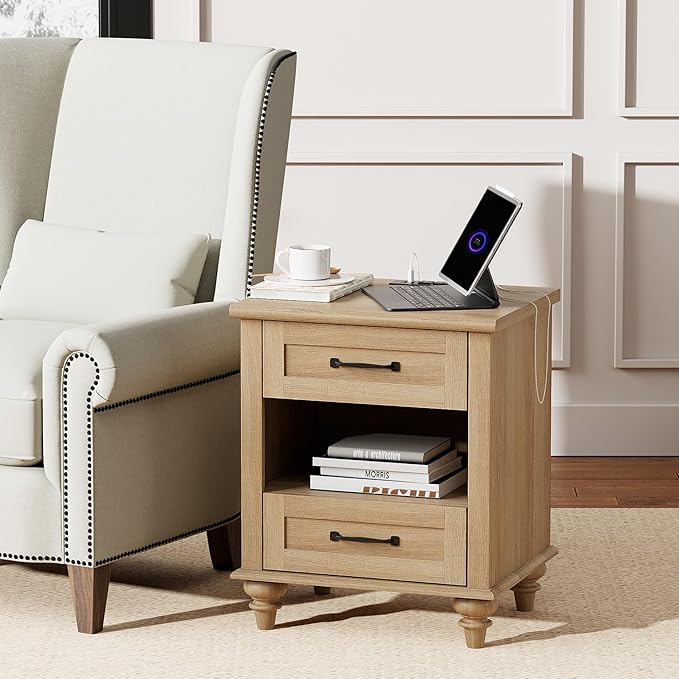 WAMPAT Oak Night Stand with 2 Drawers, Wooden Sofa Side Table with Charging Station, Farmhouse End Table for Living Room, Retro Nightstand Bedside Table for Bedroom