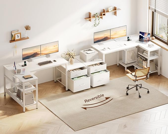 Casaottima L Shaped Desk with Drawers & File Cabinet, Reversible White Computer Desk with Storage Shelves & CPU Stand, Corner Desk with Power Outlets, L Table for Home Office