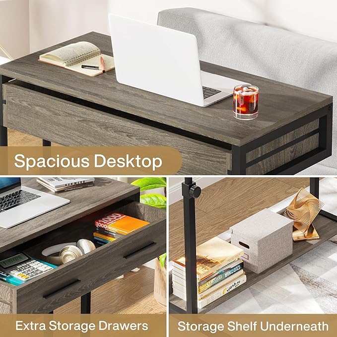 Tribesigns Portable Desk with Drawers, Mobile Laptop Desks with Wheels, Couch Desk Sofa Side Table, Small Standing Desks for Home Office (Retro Grey)