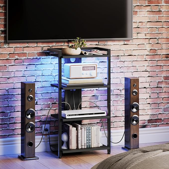 HOOBRO 4-Tier AV Media Console With Charging Station and LED Light, Wooden Stereo Cabinet, Corner TV Stand, Record Player, Entertainment Device, Black BB38UDCJ01