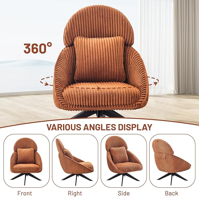 Furniliving Large Swivel Accent Chair Modern Arm Chair Sofa Chair with Pillow Living Room Chair Bedroom Chair with Headrest Comfy Desk Chair Upholstered Chairs for Rest Room, Corduroy, Orange