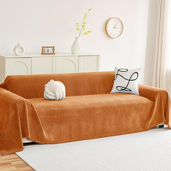 hyha Couch Cover for Dogs, Boho Sofa Covers for 3 Cushion Couch Washable, Chenille Sofa Slipcover for Pets, Soft Loveseat Sectional Couch Throw Blankets with Tassels (Orange, 88.5x134 Inch)