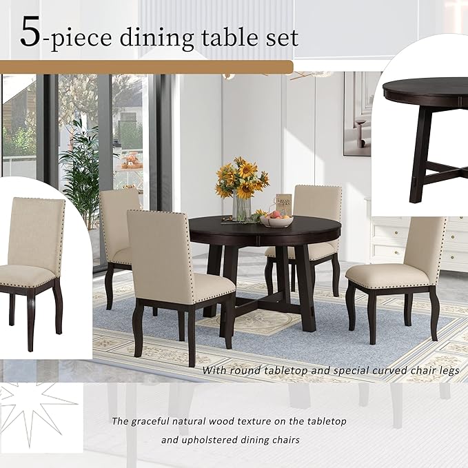 Ball & Cast 5 Piece Dining Table Set with 4 Upholstered Curved Legs Chairs,Living Room Furniture W/ 43" Round Extendable Desk,for Restaurant,Home Bistro,Espresso
