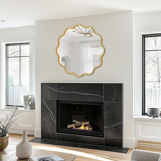 PROHOMEWARE Gold Round Mirror 28 Inch Wavy Bathroom Vanity Mirror Gold Frame Modern Wall Mirror Decorative Wall-Mounte Anti-Rust, Tempered Glass