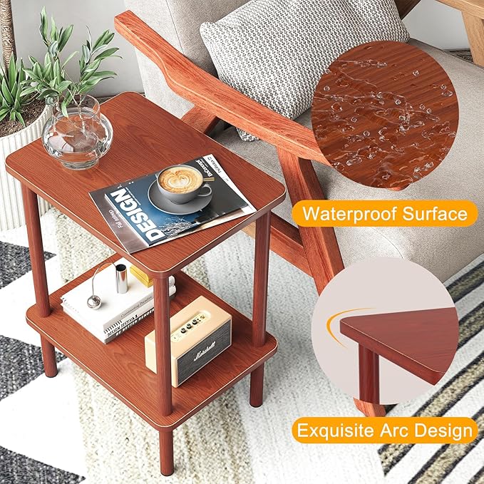 Apicizon 2 Tier End Table Set of 2, Small Side Table with Solid Wood Legs, Boho Bedside Table with Storage Shelf, Nightstand for Small Spaces, Bedroom, Living Room, Entryway, Vintage Brown
