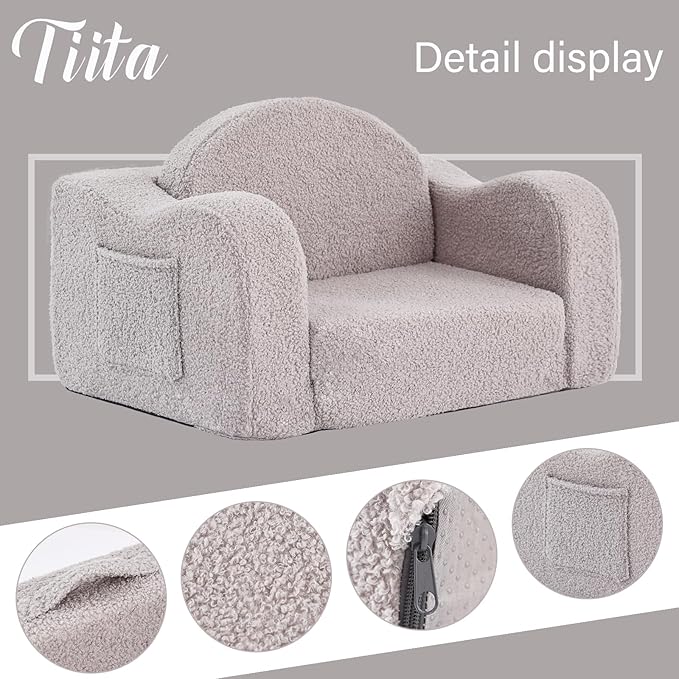 Tiita Kids Sofa, 2-in-1 Kid Sofa Chair, Convertible Chirldren Couch to Lounger, Flip Out Kids Sofa Chair, Toddler Armrest Chair Bed, Folding Kids Play Sofa for Girl or Boy, Grey