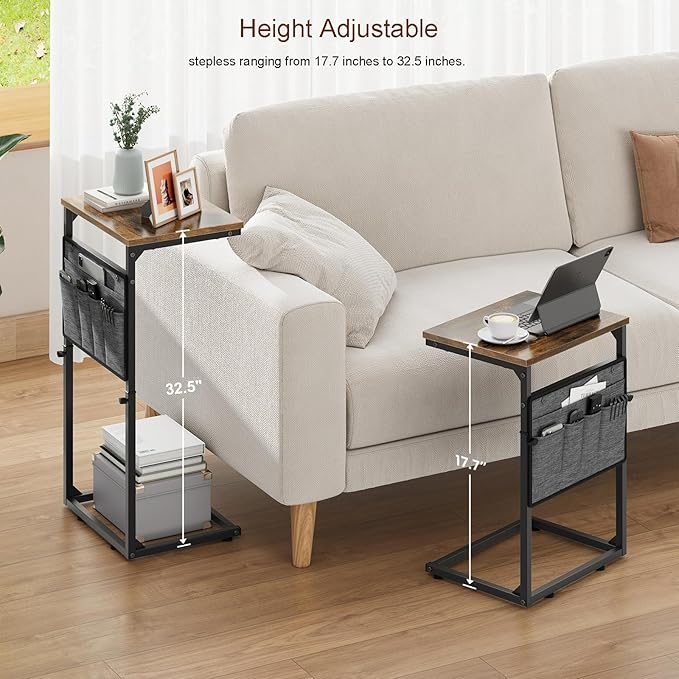 Vagusicc C Shaped End Table, Set of 2 Tall Side Table for Couch, Adjustable Height Small Couch Side Table for Small Spaces, End Table Slide Under Sofa Table TV Tray Arm Table for Living Room, Brown