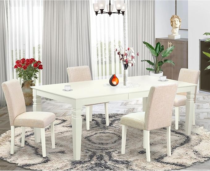 East West Furniture LGAB5-LWH-02 5 Piece Dining Set Includes a Rectangle Dining Room Table with Butterfly Leaf and 4 Light Beige Linen Fabric Upholstered Chairs, 42x84 Inch, Linen White