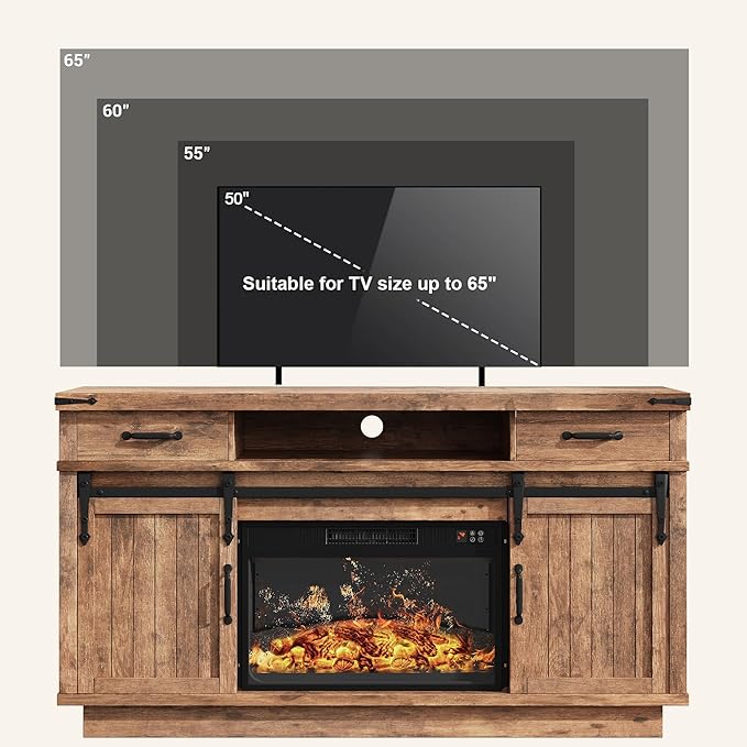 59'' Fireplace TV Stand with 3D Flame Electric Fireplace Heater, 34'' Tall Farmhouse TV Stand for 65 Inch TV, Entertainment Center TV Console with 2 Drawers, Sliding Barn Door for Living Room - Brown