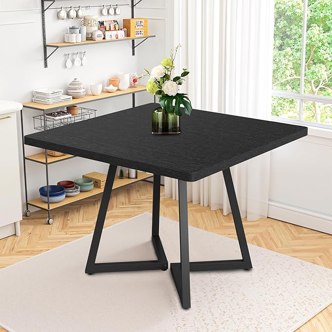 Square Dining Table for 4, 31.5-Inch Farmhouse Dinner Table Wooden Kitchen Tables with Metal Base for Dining Room, Kitchen, Living Room, Black