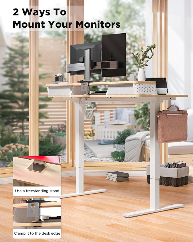 48x24 Inch Standing Desk with Double Drawers, C-Clamp Mount Compatible, Electric Adjustable Height Computer Stand Up Desks, Home Office Sit Stand Table with 3 Preset Heights & 2 Hooks, Natural