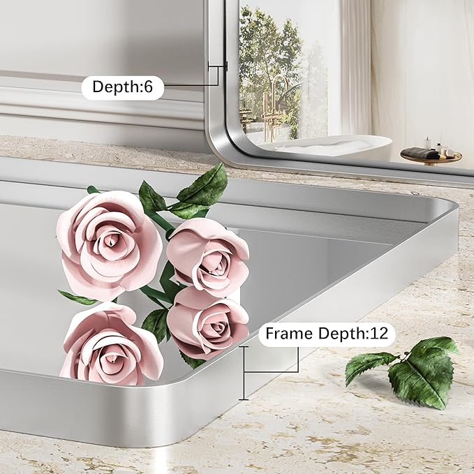 Hasipu Brushed Silver Bathroom Mirror 63x35 Inch Rounded Rectangle Vanity Mirror Metal Framed Wall Mirrors Anti-Rust Surface Mount (Horizontal/Vertical)