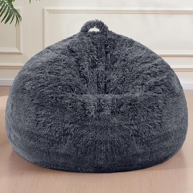 Bean Bag Cover(No Filler), Faux Fur Comfy Bean Bag Chairs for Adults, Washable Bean Bag Chair Cover, Fluffy Plush Giant Bean Bags Chairs for Teens Kids Girls, Anti-Slip, 5FT, Dark Grey