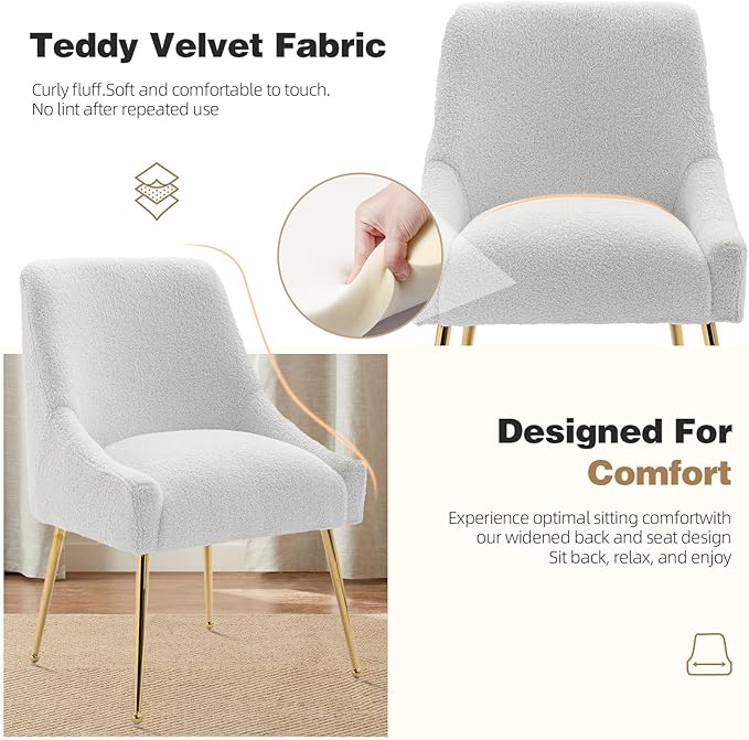 Dining Chairs Medieval Modern Restaurant Chairs, Soft Cushions, Teddy Velvet, Polished Gold Metal Legs, Kitchen Chairs, Living Room White 6-Piece Set