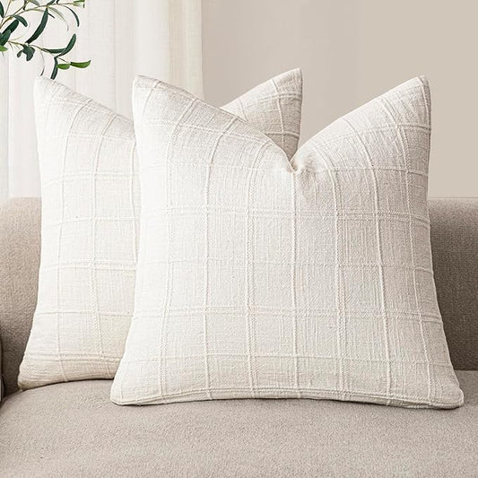 Foindtower Set of 2 Decorative Linen Check Throw Pillow Covers Neutral Farmhouse Vintage Cushion Covers Modern Boho Home Decor for Sofa Chair Couch Bedroom Living Room Outdoor,22×22 Inch,Cream White