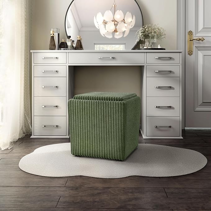 Furniture of America Lennox Modern Chenille 17-inch Square Storage Ottoman with Reversible Tray Top, Upholstered Footstool for Living Room, Bedroom, Entryway, Green