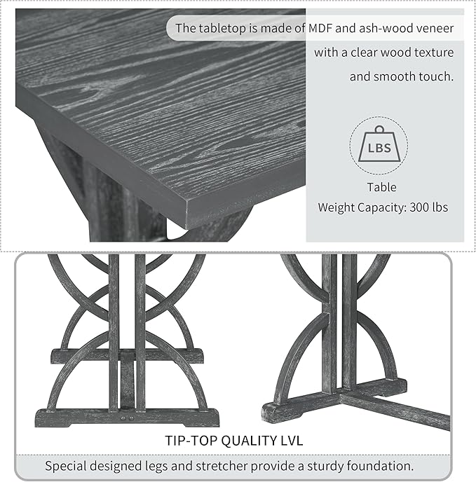 SogesPower 6-Piece Dining Table Set, Rectangular Farmhouse Kitchen Dining Table Set with 4 Upholstered Chairs & 1 Bench, Retro Kitchen Table Set for 4-6 for Dining Room Living Room, Gray Wash