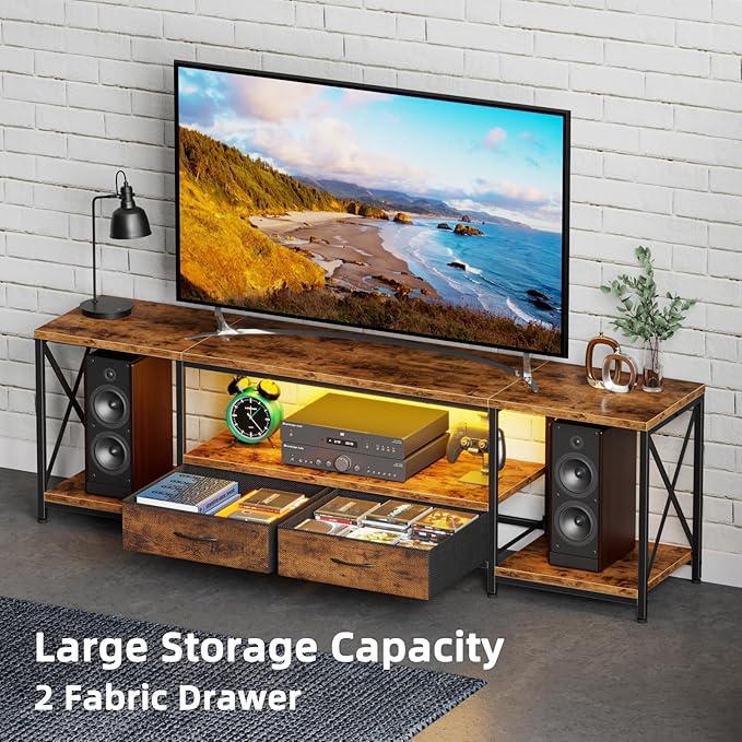 LED TV Stand with 2 Fabric Drawers for 65 60 55 Inch TV, Entertainment Center TV Stands for Living Room, Bedroom, TV Media Console Table with Storage Shelves, 55" Rustic Brown